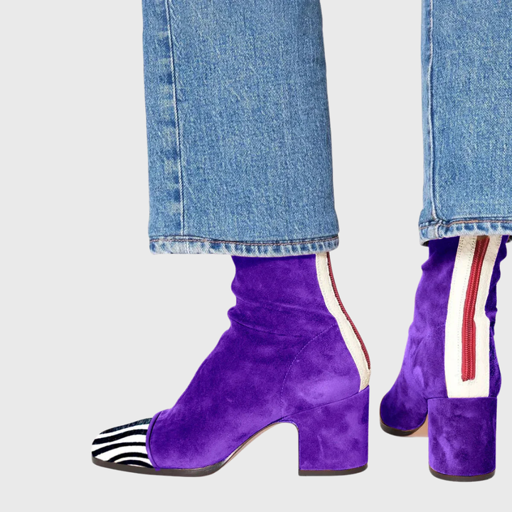 Block heel square toe ankle boots in dark brown, stone grey, leopard, purple, burgundy and mustard