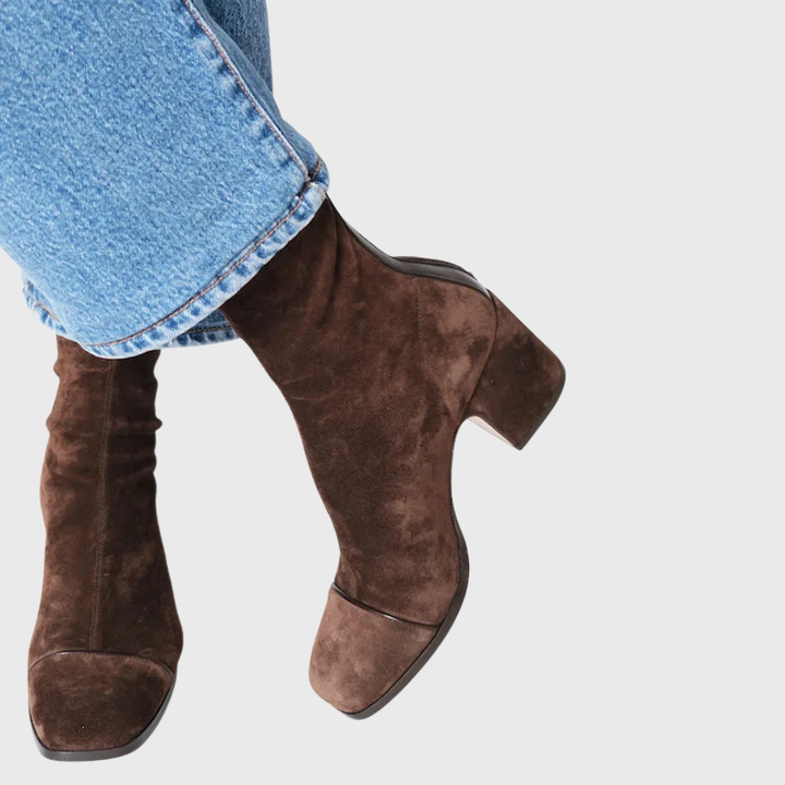 Block heel square toe ankle boots in dark brown, stone grey, leopard, purple, burgundy and mustard