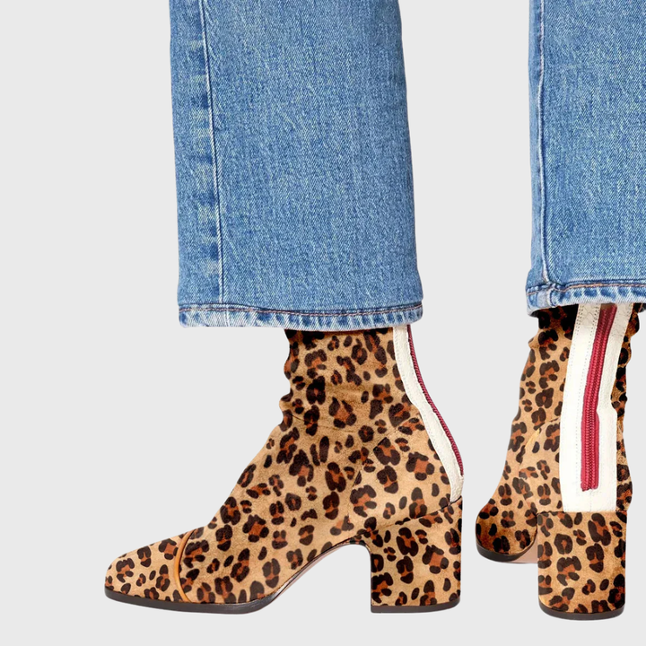 Block heel square toe ankle boots in dark brown, stone grey, leopard, purple, burgundy and mustard
