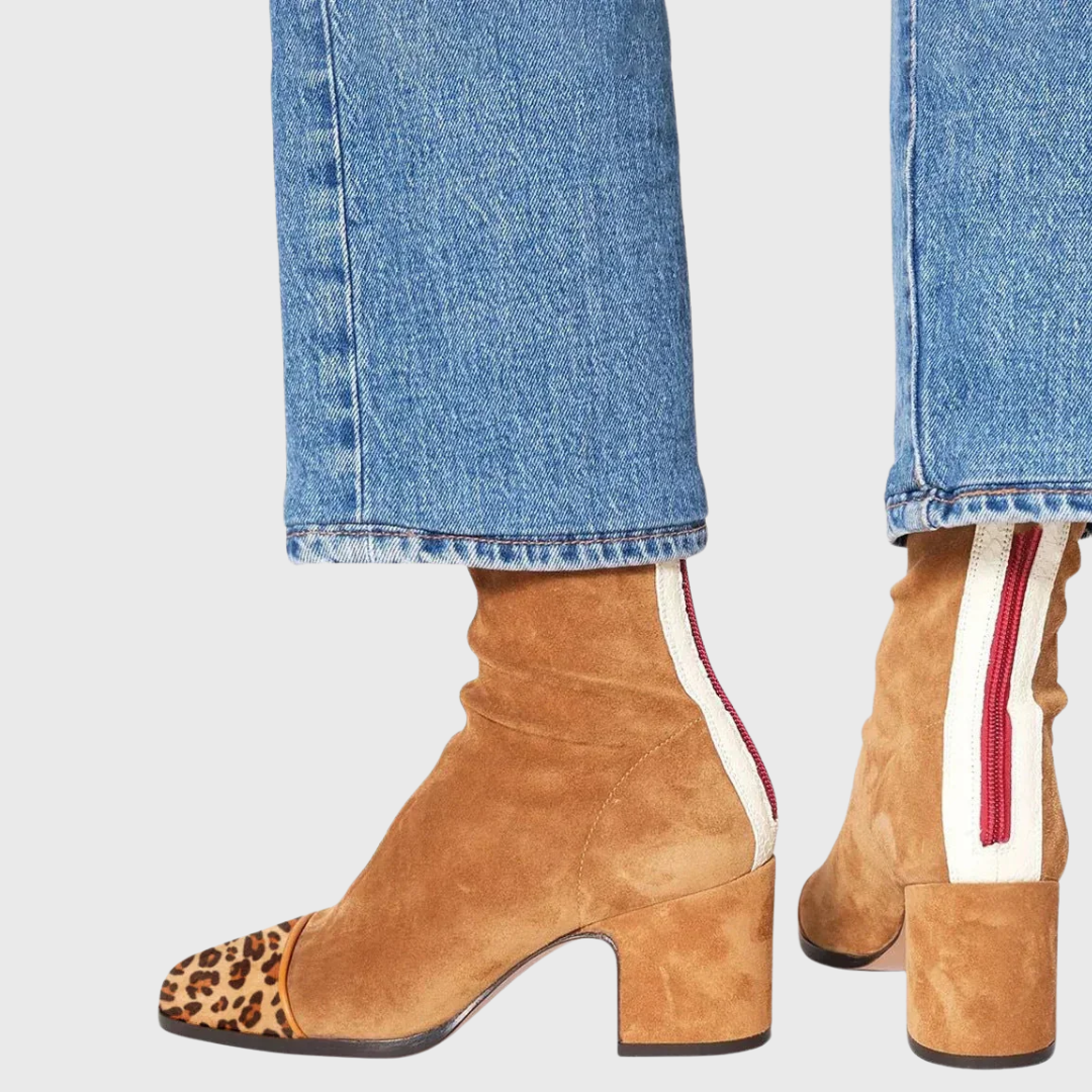 Block heel square toe ankle boots in dark brown, stone grey, leopard, purple, burgundy and mustard