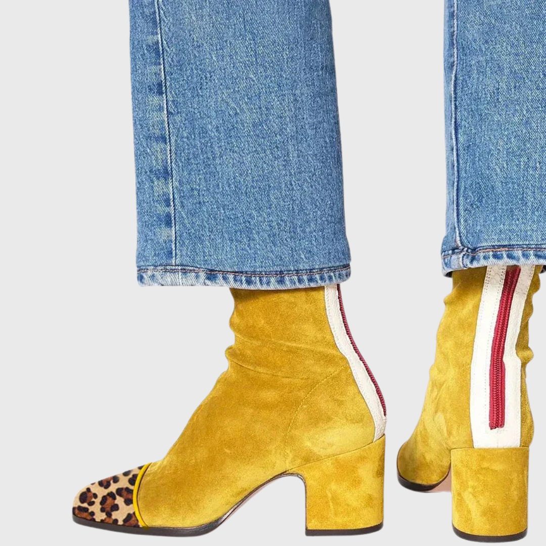 Block heel square toe ankle boots in dark brown, stone grey, leopard, purple, burgundy and mustard