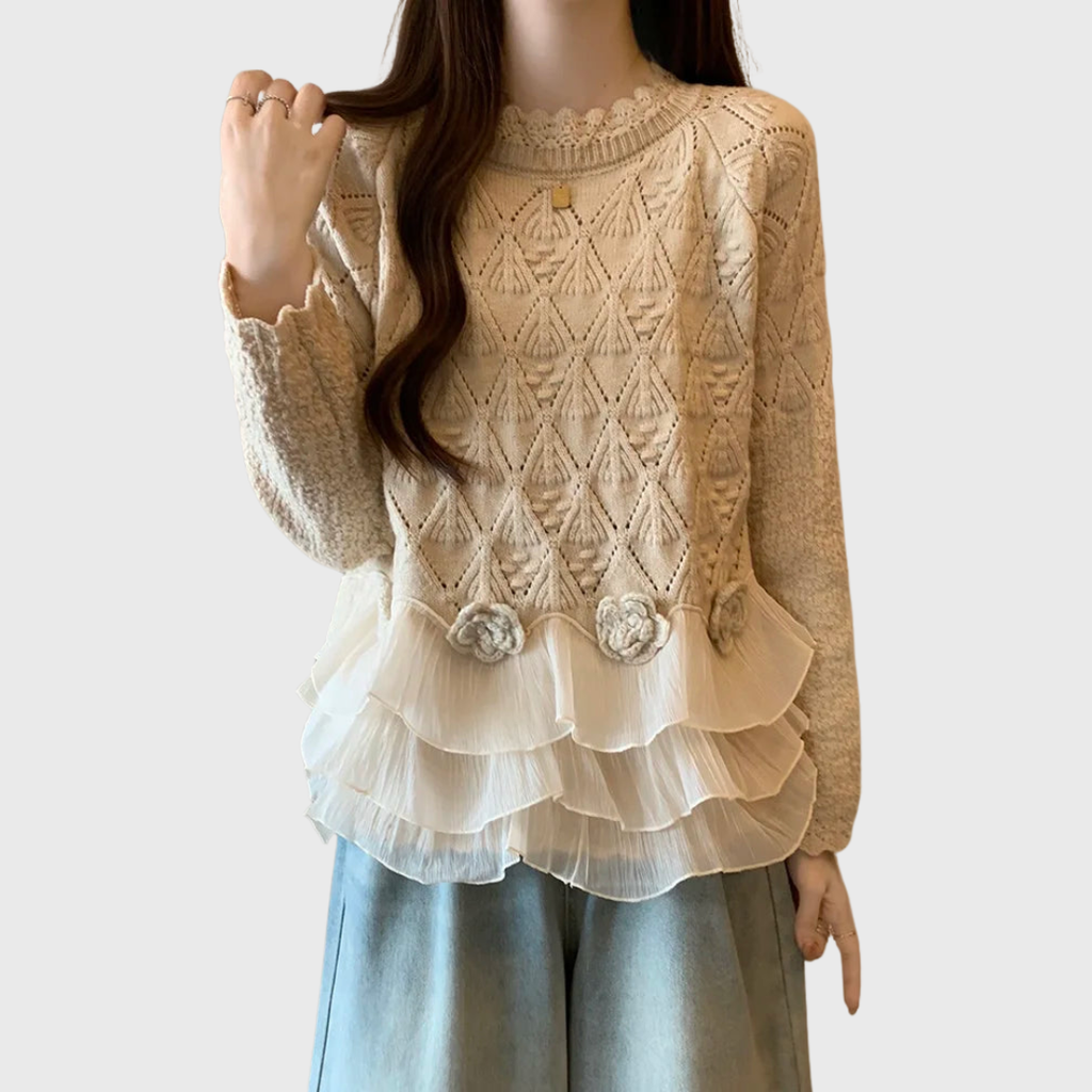 Beige layered jumper with delicate openwork hemline detail and soft drape