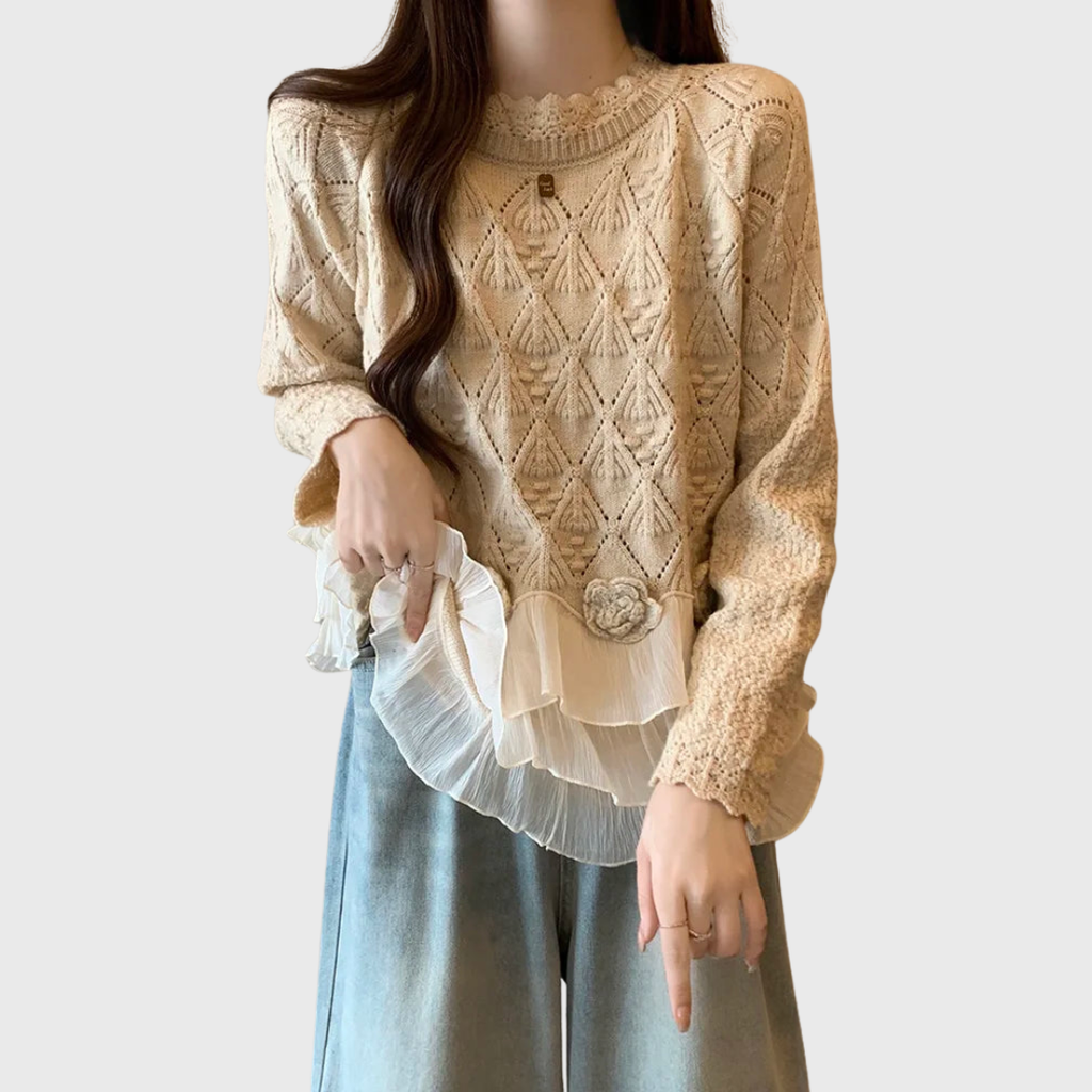 Beige layered jumper with delicate openwork hemline detail and soft drape