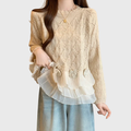 Beige layered jumper with delicate openwork hemline detail and soft drape