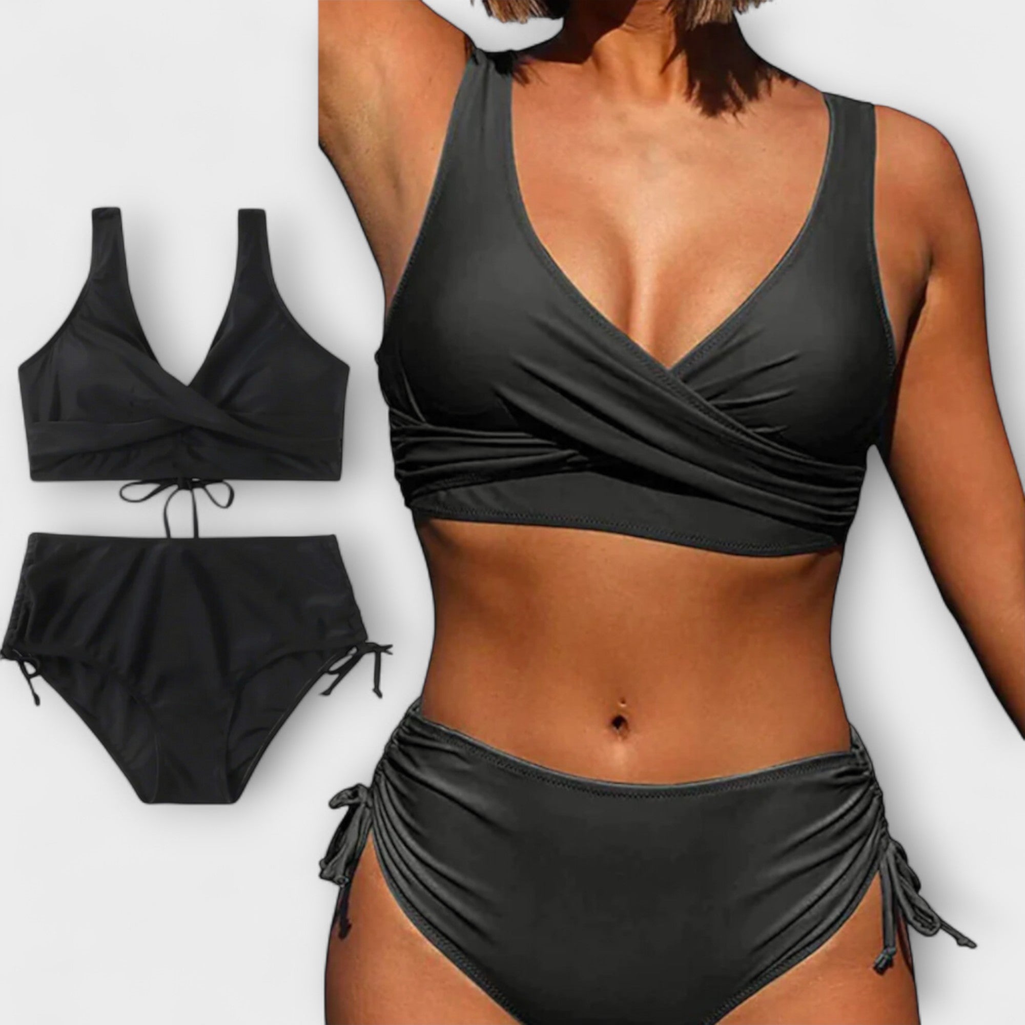 Green bikini with crossover neckline top and adjustable tie-side briefs