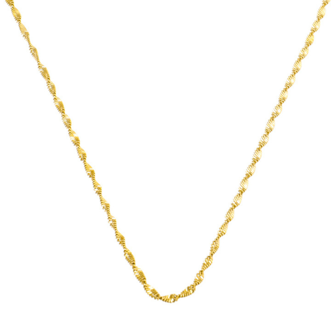 Double helix pendant necklace in gold tone on a plain white background