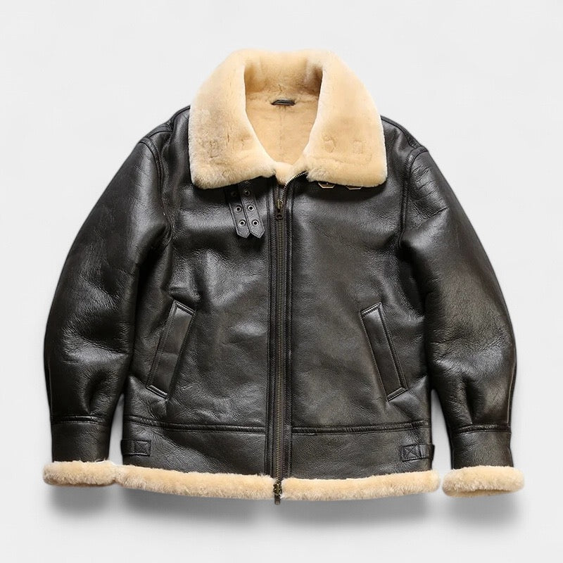 Men's dark brown aviator jacket with classic structured silhouette and zip front