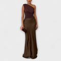 One-shoulder pleated maxi gown in rich dark green with a sweeping full-length skirt