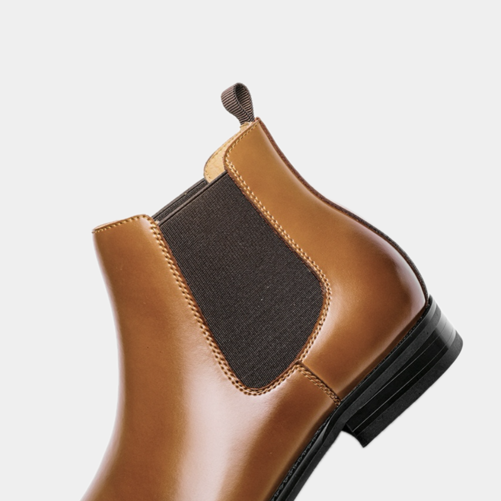 Men's classic Chelsea boots in rich brown with a clean streamlined silhouette