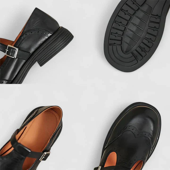 A woman wearing classic strap Mary Jane shoes on an elegant day out.