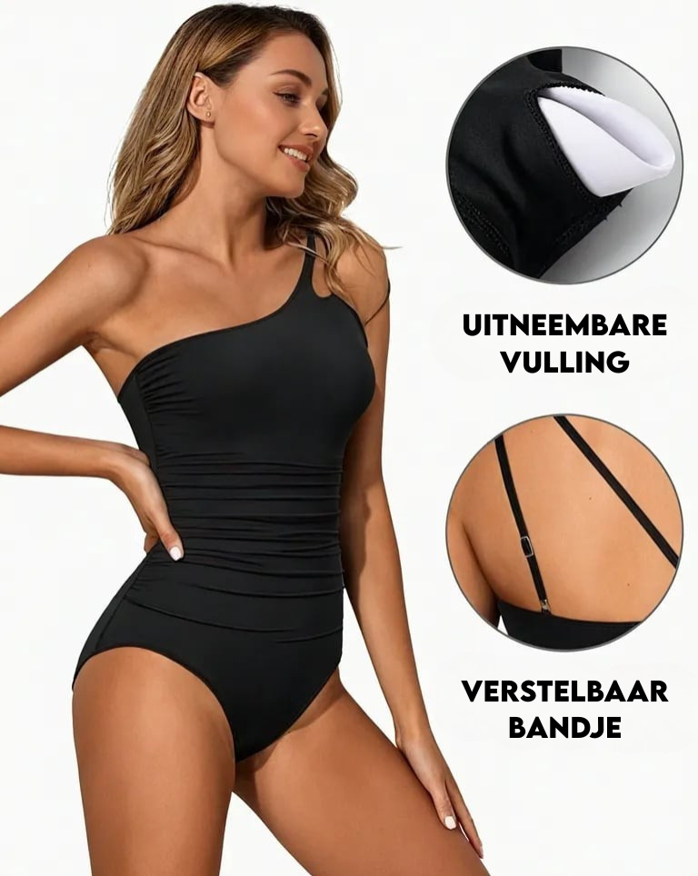 Black one-shoulder one-piece swimsuit with a clean asymmetric neckline