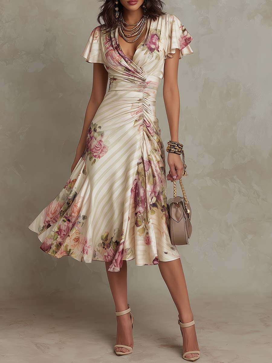 Alba - Chic Vintage Floral Satin Midi Dress