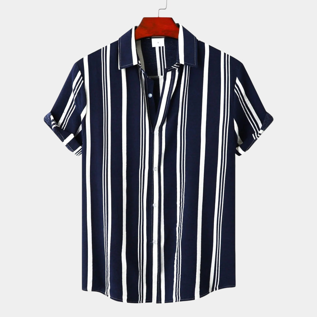Men's navy and white striped summer shirt with a relaxed classic cut