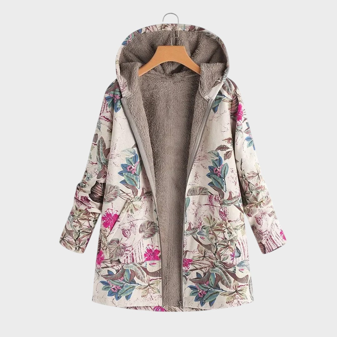Padded jacket with hood in beige, pink and dark blue with a floral accent and relaxed silhouette
