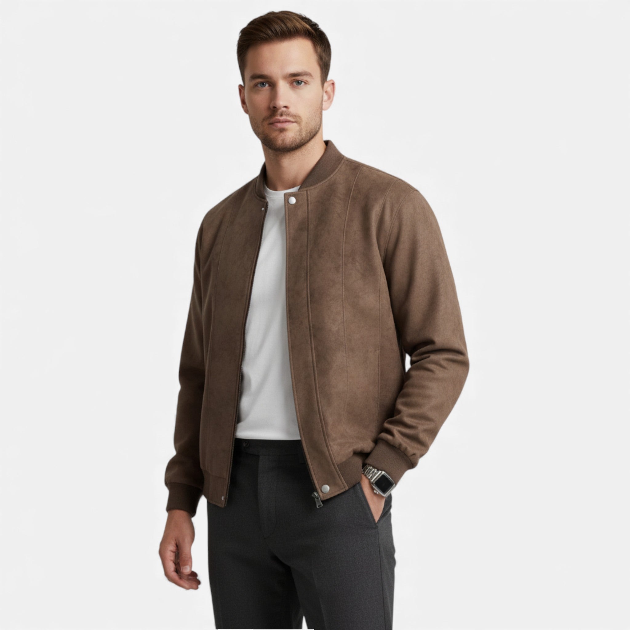 Men's brown textured bomber jacket with ribbed cuffs and clean zip front