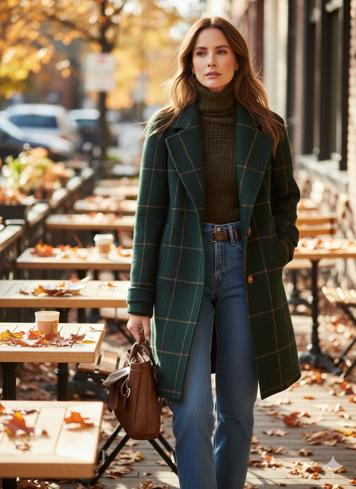 A woman wearing a dark green coat with a rust windowpane check, wide lapels and a button-through front.