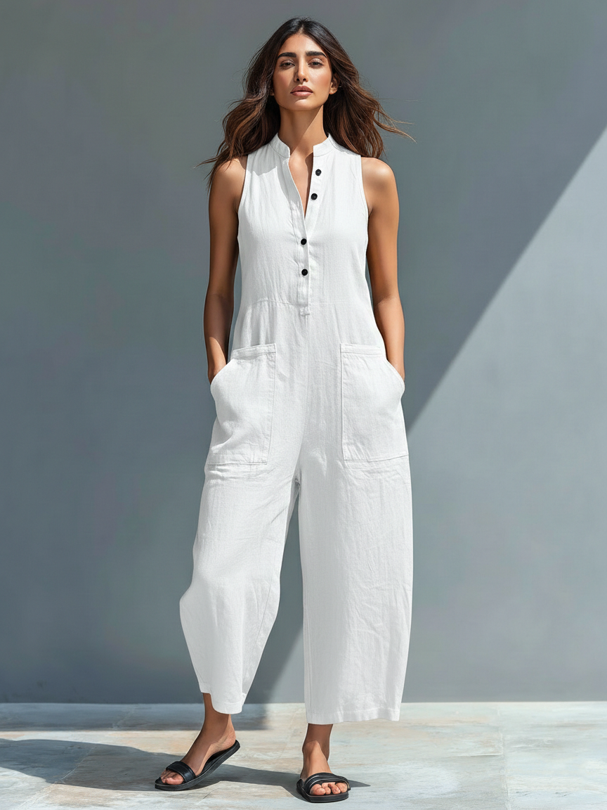 Minimalist white jumpsuit with front button detail and a relaxed fluid silhouette