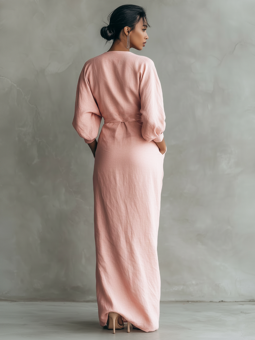 LUCIANA™ | Minimalist Pink V-Neck Maxi Dress in Linen Blend