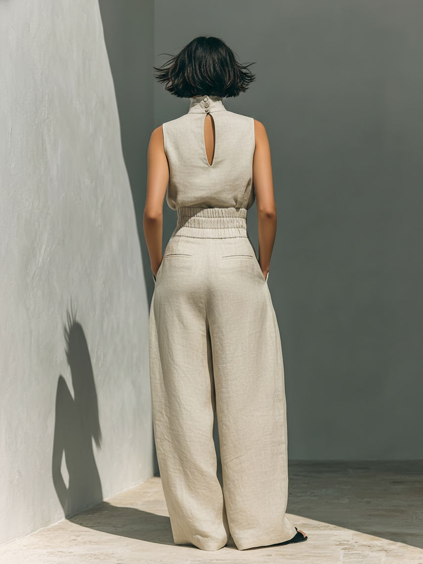 Women's floaty wrap co-ord set in khaki with a softly draped silhouette and cinched waist