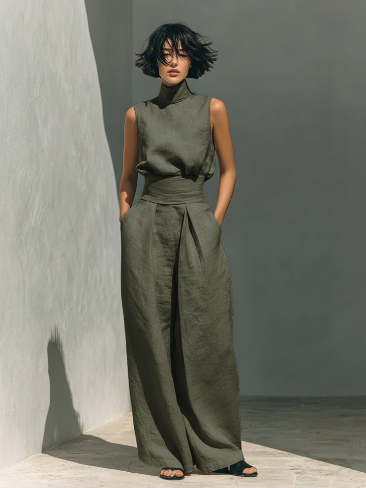 Women's floaty wrap co-ord set in khaki with a softly draped silhouette and cinched waist