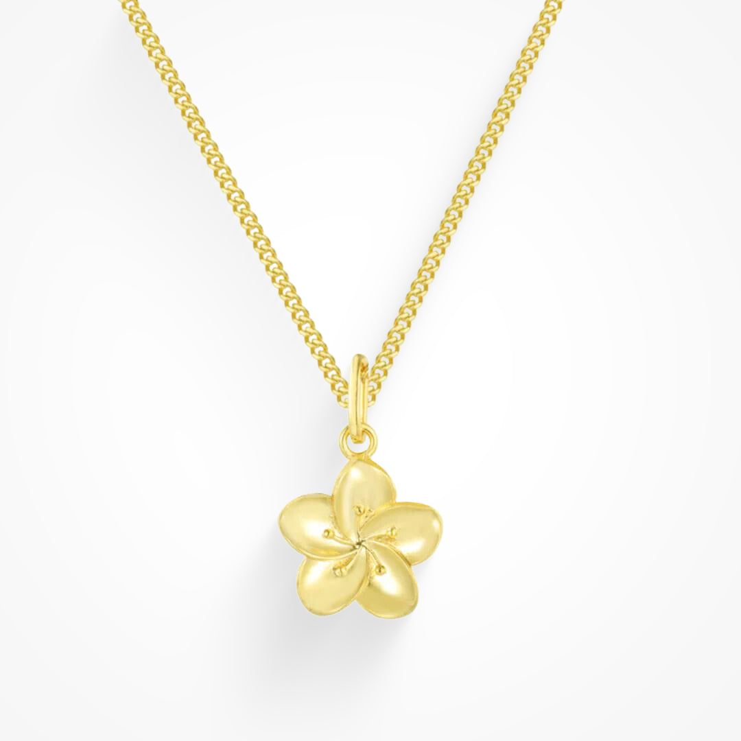 Hibiscus flower pendant necklace in gold tone on a white background