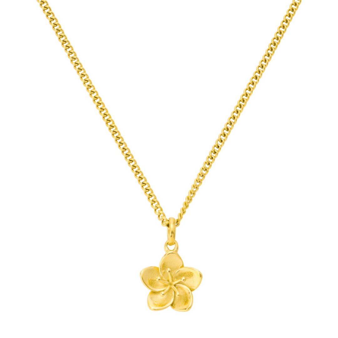 Hibiscus flower pendant necklace in gold tone on a white background