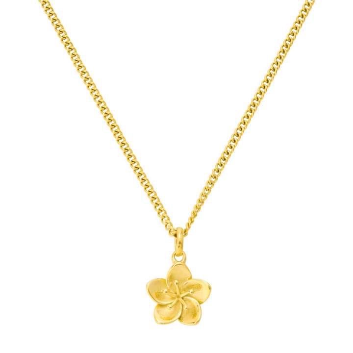 Hibiscus flower pendant necklace in gold tone on a white background