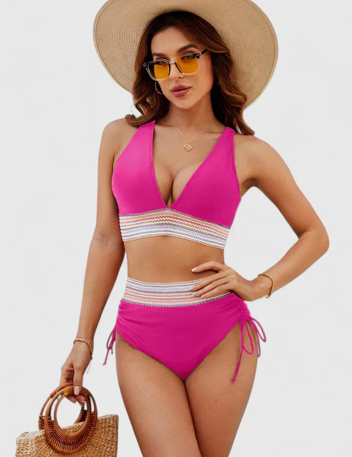 High-waist crossover-top bikini in sage green, light blue, black, dark blue, red and rose