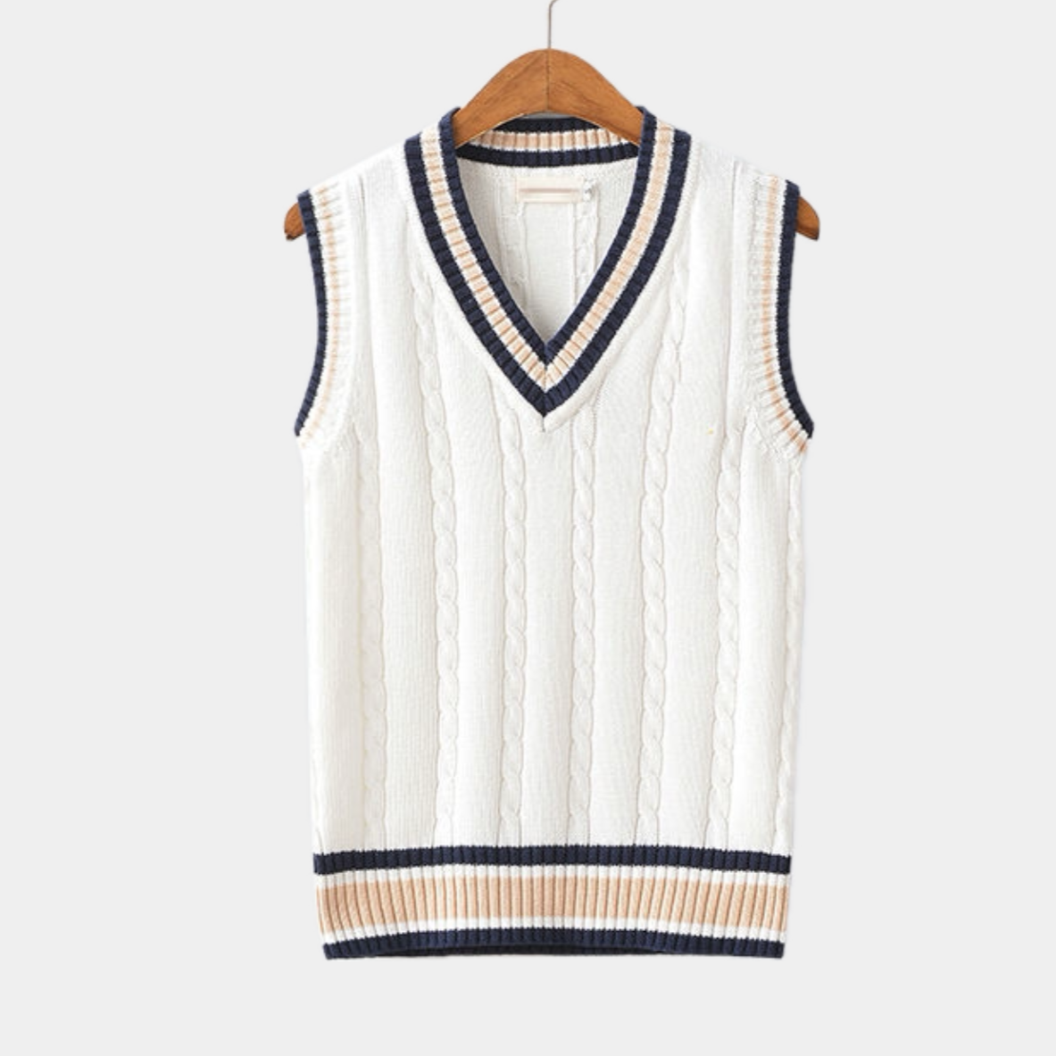 Men's blue and white argyle sleeveless jumper with classic V-neck and ribbed trim