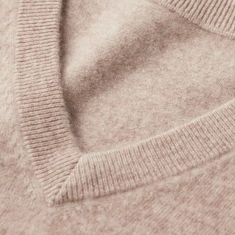 Men's camel v-neck jumper with clean minimalist design and relaxed fit