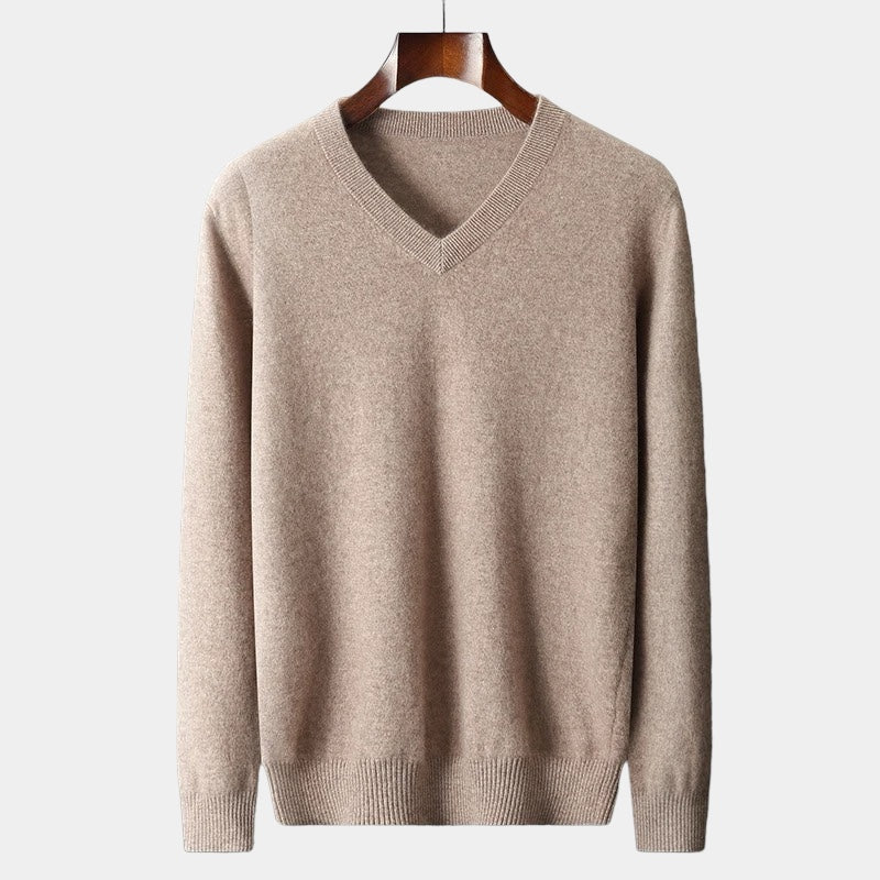 Men's camel v-neck jumper with clean minimalist design and relaxed fit