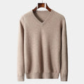 Men's camel v-neck jumper with clean minimalist design and relaxed fit