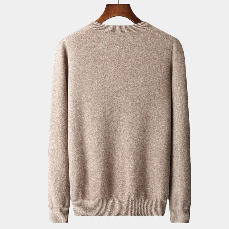 Men's camel v-neck jumper with clean minimalist design and relaxed fit