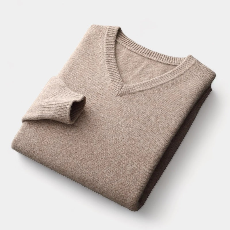 Men's camel v-neck jumper with clean minimalist design and relaxed fit