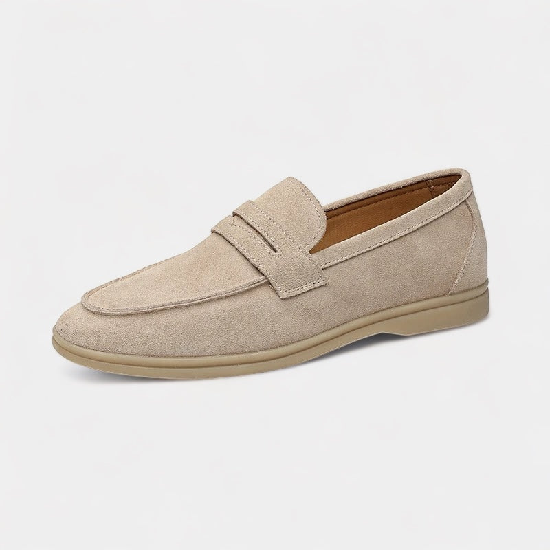 Men's classic slip-on loafers in beige and black with a neat, timeless silhouette