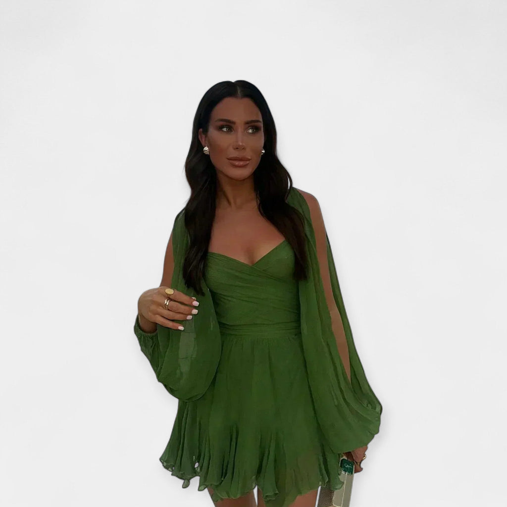 Romantic puff-sleeve dress with V-neck and ruffled skirt in rich forest green