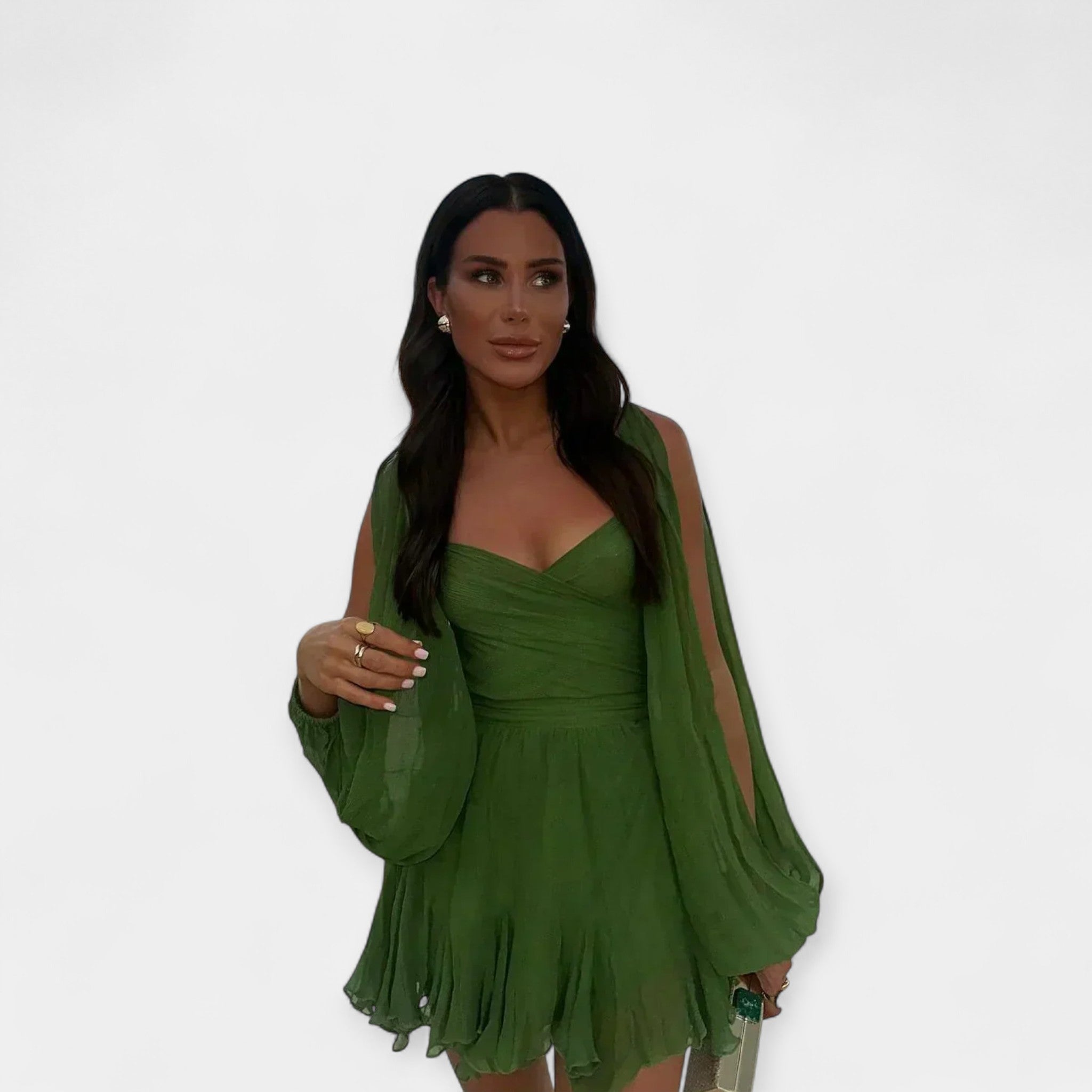 Romantic puff-sleeve dress with V-neck and ruffled skirt in rich forest green