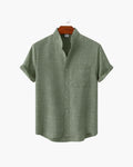 Men's relaxed-fit shirt with a mandarin collar in a neutral tone and subtle texture