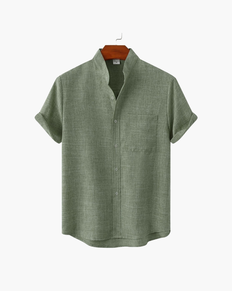 Men's mandarin collar shirt in khaki with a relaxed, clean silhouette