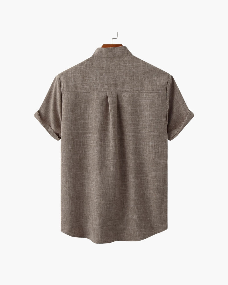 Men's relaxed-fit shirt with a mandarin collar in a neutral tone and subtle texture