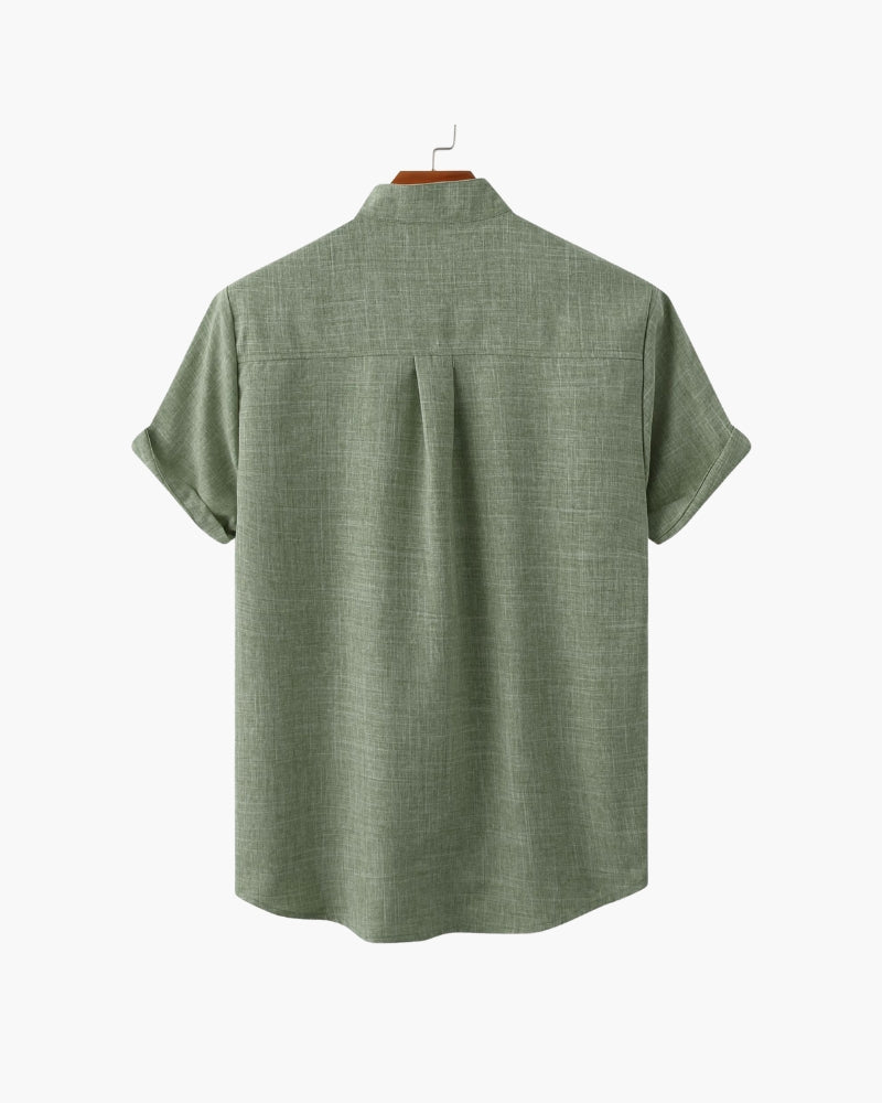 Men's relaxed-fit shirt with a mandarin collar in a neutral tone and subtle texture
