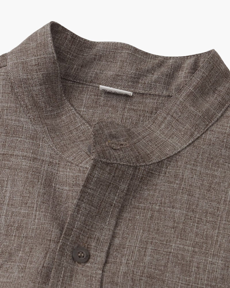 Men's mandarin collar shirt in khaki with a relaxed, clean silhouette
