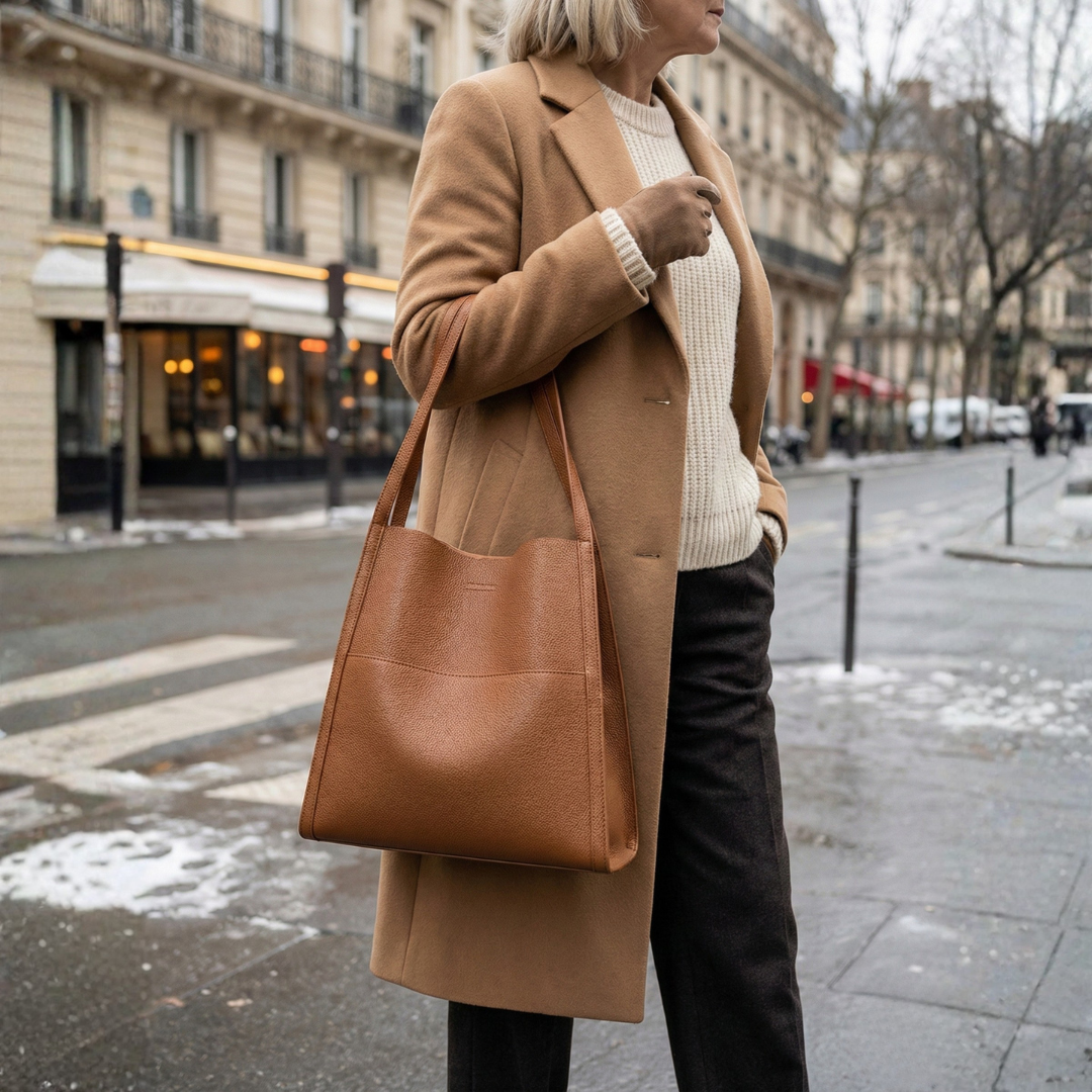 A woman carrying an elegant shoulder bag with clean lines over one shoulder in town