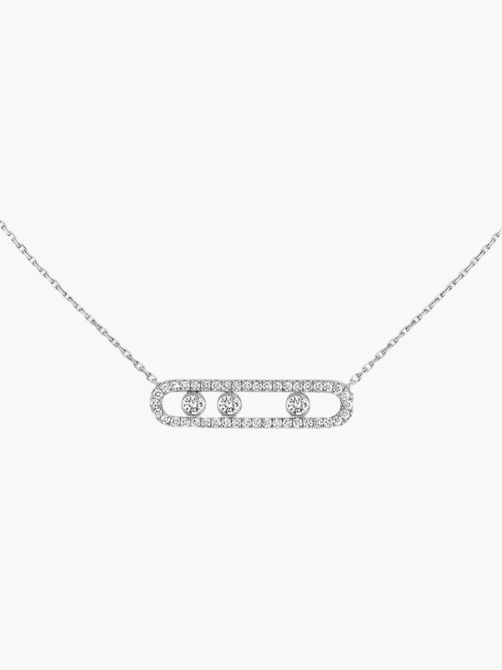 Delicate pendant necklace with three dancing diamond stones in yellow gold finish