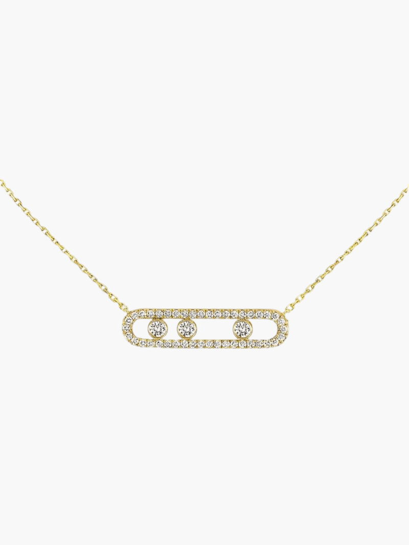 Delicate pendant necklace with three dancing diamond stones in yellow gold finish