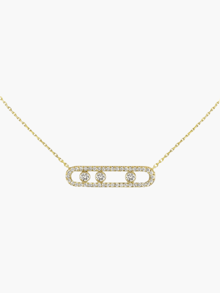 Delicate pendant necklace with three dancing diamond stones in yellow gold finish
