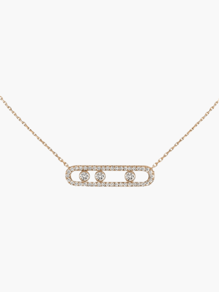 Delicate pendant necklace with three dancing diamond stones in yellow gold finish