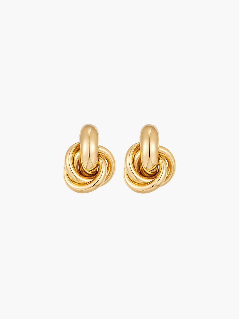 Gold twist knot stud earrings with polished finish