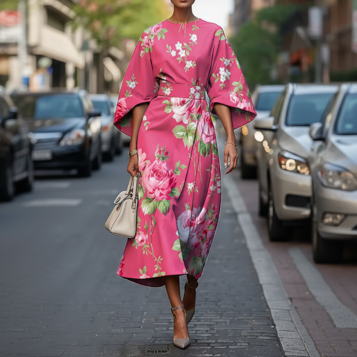 Floaty floral-print dress in multicolour, also available in blue, pink and green, with wide sleeves and a nipped waist