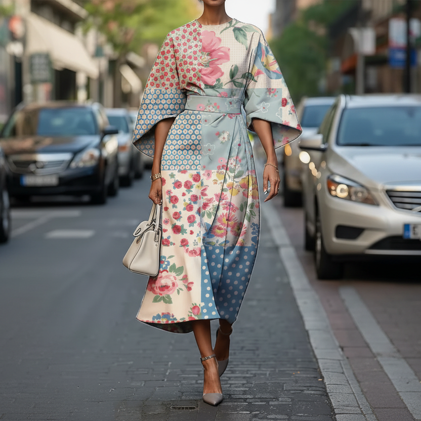 Floaty floral-print dress in multicolour, also available in blue, pink and green, with wide sleeves and a nipped waist